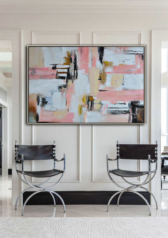 Original Abstract Painting Extra Large Canvas Art,Oversized Horizontal Contemporary Art,Huge Abstract Canvas Art,White,Pink,Light Yellow,Black,Brown.etc
